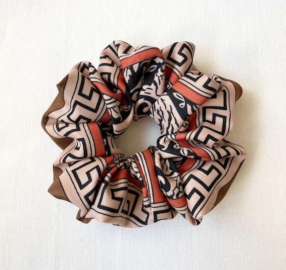 Oversized Satin Scrunchie, Brown Geometric Hair Tie, Large  display picture 2