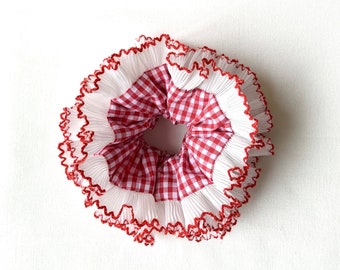 Double Layer Pleated Lace Scrunchie, Oversize Gingham Scrunchie, Over Hair Bun holder, Oversize Hair Ties, Bridal Shower Gift, Gift For Her.