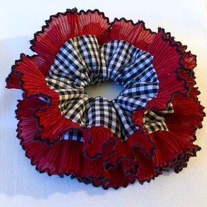 Double Layer Pleated Lace Scrunchie, Large Gingham Hair Holder, Oversize Scrunchie.