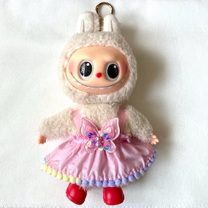 Pom Lace With Butterfly Pink Dress For Labubu , Cute Skirt Clothes For 17 cm Doll, Fashion Outfit For Labubu, Doll Not Included.