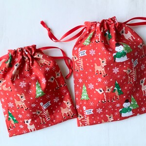 Handmade Christmas Gift Bags Set: Red Gift Bag, Holiday Present, Drawstring Sack, Reindeer Snowman.