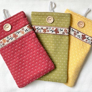 Embroidered Cotton Phone Pouch, Handmade Cell Phone Sleeve, Wooden Button Bag.