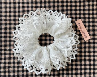 Oversized White Lace Scrunchie: Cotton Blend Hair Tie, Lace Trim Scrunchies, Large White Scrunchie