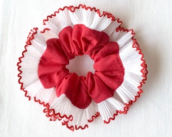 Pleated Trim Lace Scrunchie, Oversize Red Scrunchie, Canada Day Scrunchies,  Gift For Girls, Gift For Her. Oversize Hair Ties, Hair Holder.