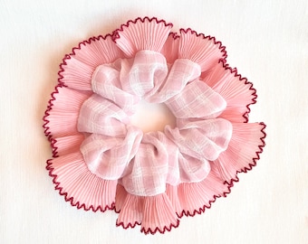 French Pleated Chiffon Lace Scrunchie, Oversize Gingham Scrunchie, Large Scrunchie, Back To School Gift, Girls Gift, Women Gift For Her.