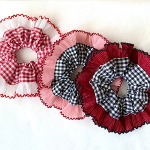 French Pleated Trim Lace Scrunchie, Oversize Gingham Scrunchie, Wedding Bridal Scrunchie, Pleated Scrunchie, Thanksgiving Gift For Her.