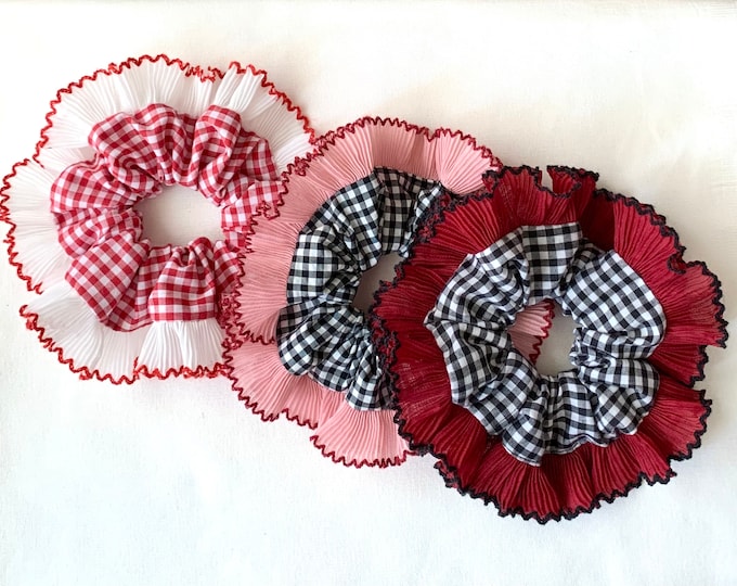 Red Pleated Lace Scrunchie, Oversize Gingham Scrunchie, Large Trim Hair Holder