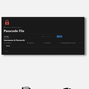 Puede incluir: Un rastreador de contraseñas digital con el título "Password Tracker" en escritura elegante. La sección principal muestra un "Passcode File" con campos para nombres de usuario, contraseñas y preguntas de seguridad. También se muestran iconos de personalización, almacenamiento y exportación.