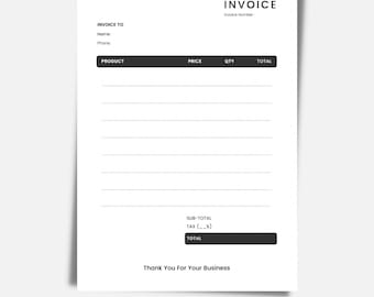 May include: A simple black and white invoice form template with the title "Simple Invoice Form" and the heading "INVOICE". The form includes fields for invoice number, invoice to, product, price, quantity, total, sub-total, tax, and total. The form is editable and printable.