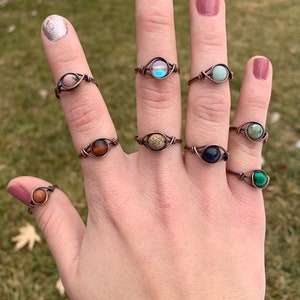 Copper Wrapped Ring Goldstone, Amazonite, Rhodonite, Agate, Synthetic Opal, Shell, Jasper, Jade, Lava, Tiger Eye, Labradorite