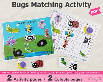 Bugs Matching Activities Printable, Shadow or Silhouette Matching Activities, Toddler Busy Books Pages, Learning Binder Activities