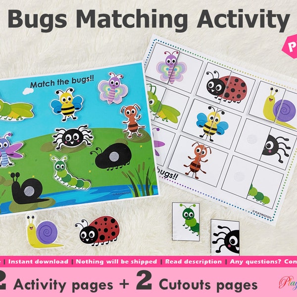 Bugs Matching Activities Printable, Shadow or Silhouette Matching Activities, Toddler Busy Books Pages, Learning Binder Activities