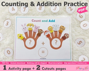 Addition Practice printable, Addition Game, Counting Practice, Montessori Math, Early Learning Math, Toddler Busy Book, Learning Binder