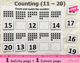 Counting Practice Printable, Ten Frame Math, Numbers 11 to 20, Preschool and Kindergarten, Busy Book, Learning Binder Pages