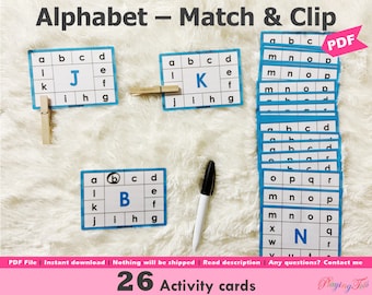 Alphabet Match and Clip Cards Printable, Uppercase and Lowercase Letters Match Activity, Task Box, Busy Box