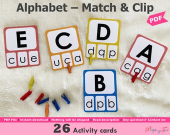 Alphabet Match and Clip Cards Printable, Uppercase and Lowercase Letters Match Activity, Toddler Activity, Preschool Learning, Prek Task Box