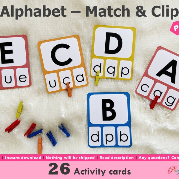 Alphabet Match and Clip Cards Printable, Uppercase and Lowercase Letters Match Activity, Toddler Activity, Preschool Learning, Prek Task Box