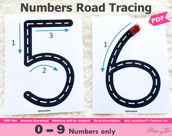 Numbers 0 to 9 Tracing Road Mats Printable, Writing Practice, Toddlers, Preschool, PreK, Homeschool