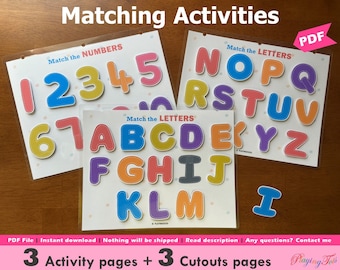 Passende Aktivitäten druckbar, Kleinkind Buchseiten, Kleinkind Lernmappe, Vorschulaktivitäten, Alphabet Match, Numbers Match, PreK