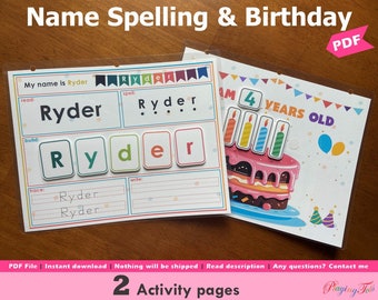 Name Spelling and Birthday Activity Printable, Spelling Practice, Personalized Worksheet, Toddler Busy Book, Preschool Learning Binder