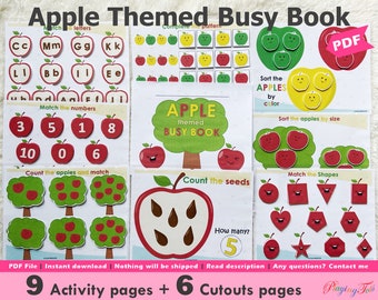 May include: A printable apple-themed busy book for kids. The book includes 9 activity pages and 6 cutout pages. The pages feature activities such as matching letters, matching numbers, counting apples, sorting apples by color and size, and matching shapes. The book is designed to help children learn basic skills such as counting, sorting, and matching.