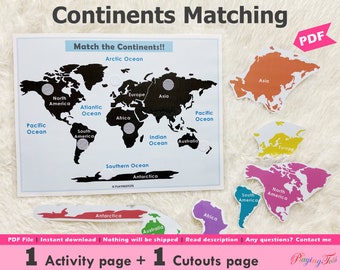 Continents Matching Activity Printable, Continents of the World, World Map, Homeschool Resource, Learning Binder Activity Page for Kids