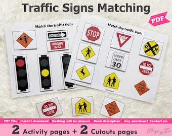 Road Traffic Signs Matching Activity Printable for Toddlers and Preschoolers, Busy Book, Learning Binder Activity Pages, Homeschool Resource