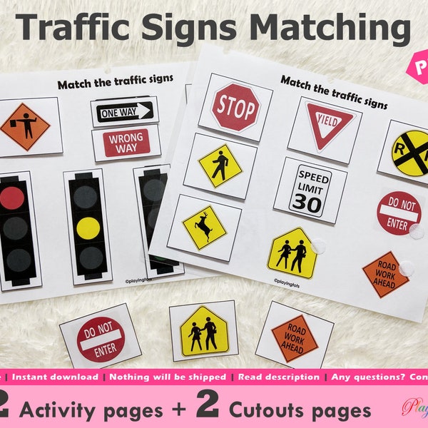 Road Traffic Signs Matching Activity Printable for Toddlers and Preschoolers, Busy Book, Learning Binder Activity Pages, Homeschool Resource