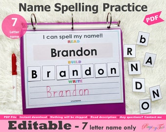 Editable 7 Letter Name Spelling Practice Activity Printable, Name Building and Writing, Busy Book, Learning Binder, Toddlers, Preschoolers