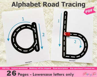 Alphabet Tracing Road Mats Printable, Lowercase Letters Writing Practice, Toddlers, Preschool, PreK, Homeschool