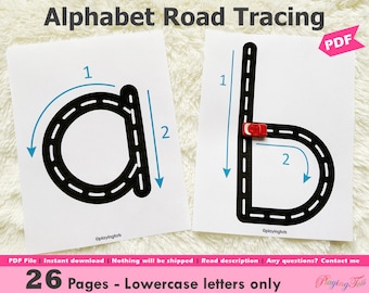 Alphabet Tracing Road Mats Printable, Lowercase Letters Writing Practice, Toddlers, Preschool, PreK, Homeschool