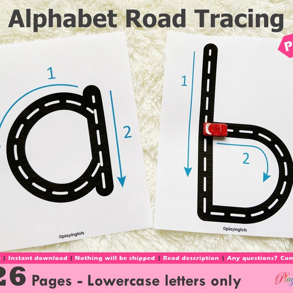 Alphabet Tracing Road Mats Printable, Lowercase Letters Writing Practice, Toddlers, Preschool, PreK, Homeschool