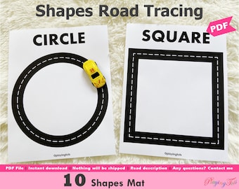 Shapes Tracing Road Mats Printable, 2D Shapes Recognition, Toddlers, Preschool, PreK, Homeschool