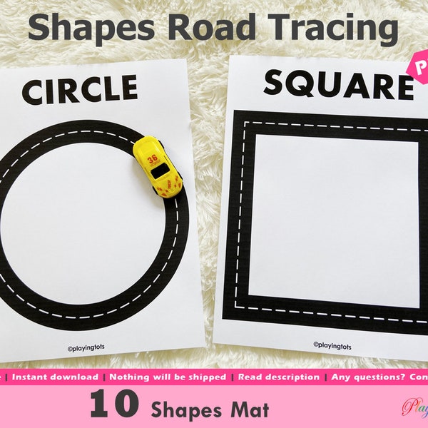 Shapes Tracing Road Mats Printable, 2D Shapes Recognition, Toddlers, Preschool, PreK, Homeschool
