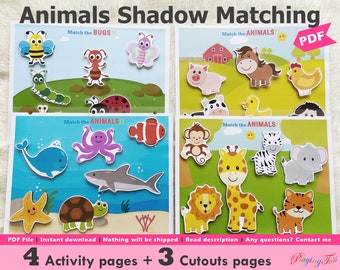 Animals Shadow Matching Activity Printable, Bugs Silhouette Toddler Busy Book, Quiet Book, Learning Binder, 2 Year Old Worksheet, Homeschool