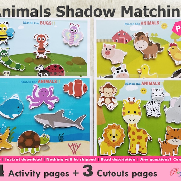 Animals Shadow Matching Activity Printable, Bugs Silhouette Toddler Busy Book, Quiet Book, Learning Binder, 2 Year Old Worksheet, Homeschool