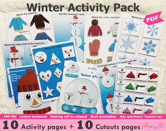 Op de afbeelding: Een verzameling winterthema-activiteitenpagina's voor kinderen. De pagina's bevatten bijpassende spellen met patronen, vormen en winteraccessoires. Het pakket bevat 10 activiteitenpagina's en 10 uitknip-pagina's, met een sneeuwpop- en sneeuwvlokthema.