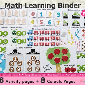 May include: A set of 16 printable activity pages and 8 cutout pages for teaching maths to young children. The pages feature colourful illustrations of animals, fingers, cars, apples, and other objects. The pages include activities such as counting, matching, sorting, and filling in missing numbers. The text on the pages includes "Math Learning Binder", "Count the fingers and match", "Match the numbers", "Skip counting by", "What number comes before?", "Fill in the missing numbers", "Count and match", "Sort the numbers", "Odd", "Even", "I can count", "How many?", "PDF File", "Instant download", "Nothing will be shipped", "Read description", "Any questions? Contact me", "16 Activity pages + 8 Cutouts Pages", and "Playing Tots".