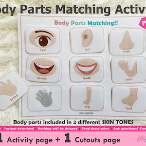 Actividad imprimible de emparejamiento de partes del cuerpo, páginas de libros de actividades para niños pequeños, páginas de actividades de carpeta de aprendizaje, recurso de educación en el hogar