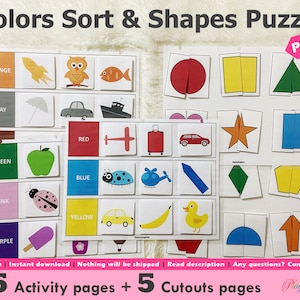 Colors and Shapes Activities Printable for Toddlers and Preschoolers, Learning Folder, Colors Sorting, Shapes Puzzle, Busy Books Pages