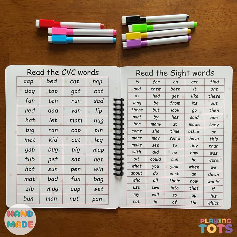 May include: A spiral-bound educational book with CVC and sight words, accompanied by colorful markers. The book features lists of words for early reading practice. The words are printed in a clear, easy-to-read font.
