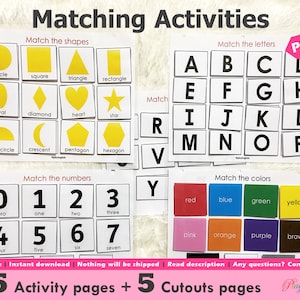 Matching Activities Printable, Toddler Busy Book Pages, Toddler Learning Binder, Preschool Activities, Colors, Shapes, Alphabet, Numbers