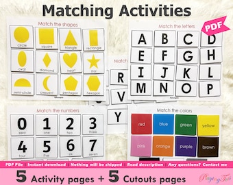 Matching Activities Printable, Toddler Busy Book Pages, Toddler Learning Binder, Preschool Activities, Colors, Shapes, Alphabet, Numbers