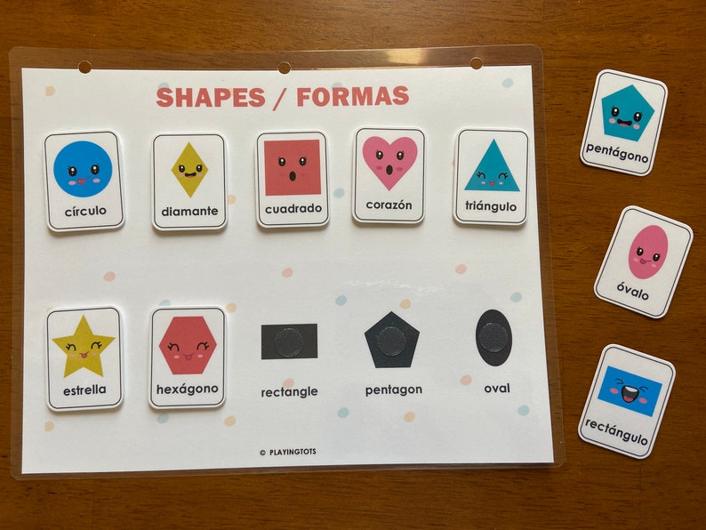 May include: A colorful educational chart with the words "SHAPES/FORMAS" at the top. The chart features various shapes with cute faces, including a circle, diamond, square, heart, triangle, star, hexagon, rectangle, pentagon, and oval. Each shape is labeled in Spanish.