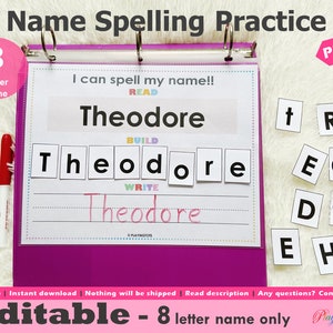 Activité modifiable de pratique de l'orthographe des noms de 8 lettres, imprimable, construction et écriture de noms, livre chargé, cartable d'apprentissage, tout-petits, enfants d'âge préscolaire