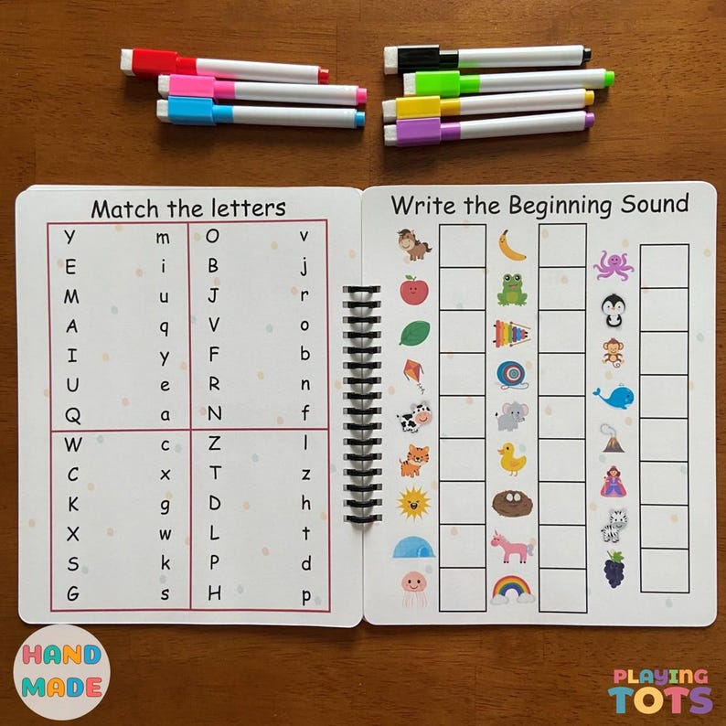 May include: A handmade educational activity book with spiral binding, featuring letter matching and beginning sound exercises. Includes colorful dry-erase markers in various colors. The book has the text "Match the letters" and "Write the Beginning Sound".
