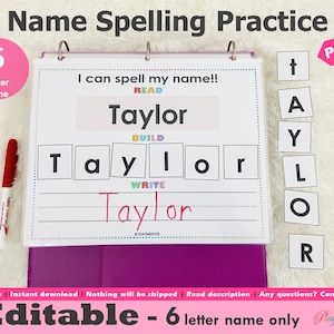 Activité de pratique de l'orthographe des noms de 6 lettres modifiable, imprimable, construction et écriture de noms, livre chargé, cartable d'apprentissage, tout-petits, enfants d'âge préscolaire