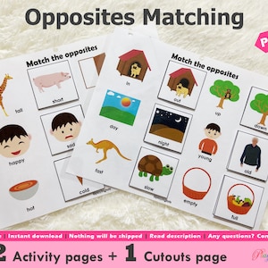 Opposites Matching Activity Printable for Toddlers and Preschoolers ...