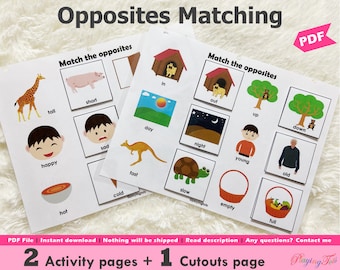 Opposites Matching Activity Printable for Toddlers and Preschoolers, Busy Book, Learning Binder Activity Pages, Homeschool Resource