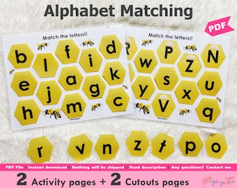 Honeycomb Alphabet Matching Activity Printable, Uppercase and Lowercase letters Match, Toddler Busy Book Pages, Preschool Learning Binder